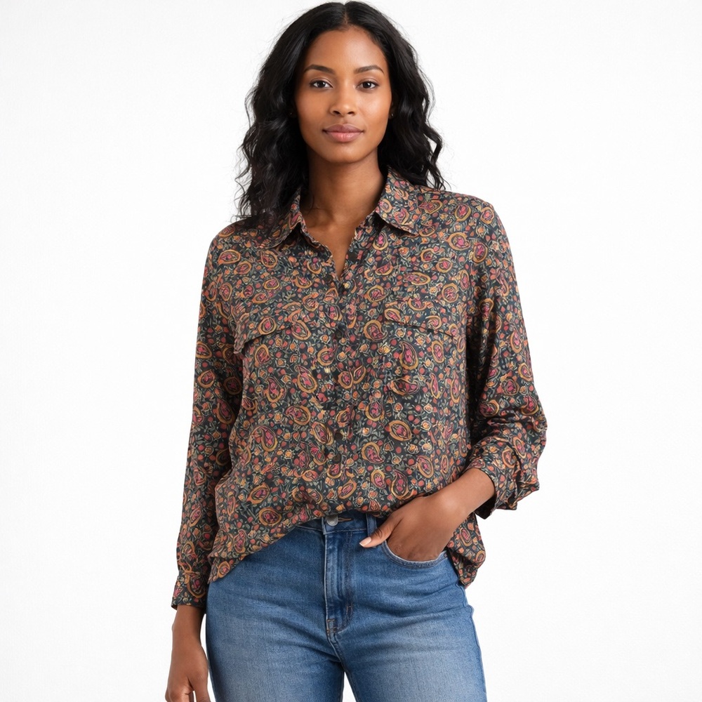 CEZAR Paisley Floral Button Front Long Sleeve Blouse XL